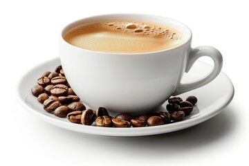 Obraz premium Concept photography of coffee mug with ground coffee beans on a white background