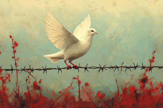 Illustration artistique d&rsquo;une cl&ocirc;ture de barbel&eacute;s avec une colombe blanche volant au-dessus, symbolisant l&rsquo;espoir et le souvenir des victimes de l&rsquo;Holocauste