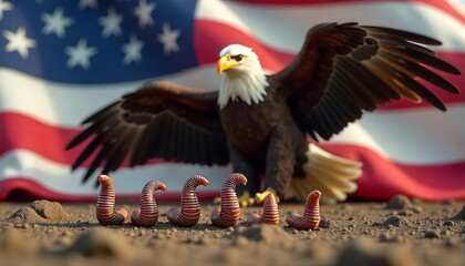 Naklejka premium Five worms on the ground. next to the worms is a giant eagle claw and a giant eagle body. behind the eagle is the flag of the United States of America, bottom up view