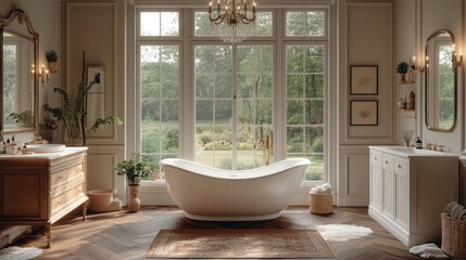 Fototapeta premium Luxurious and Elegant Modern Bathroom Design with Large Window Overlooking Serene Garden View Showcasing Classic and Contemporary Elements.