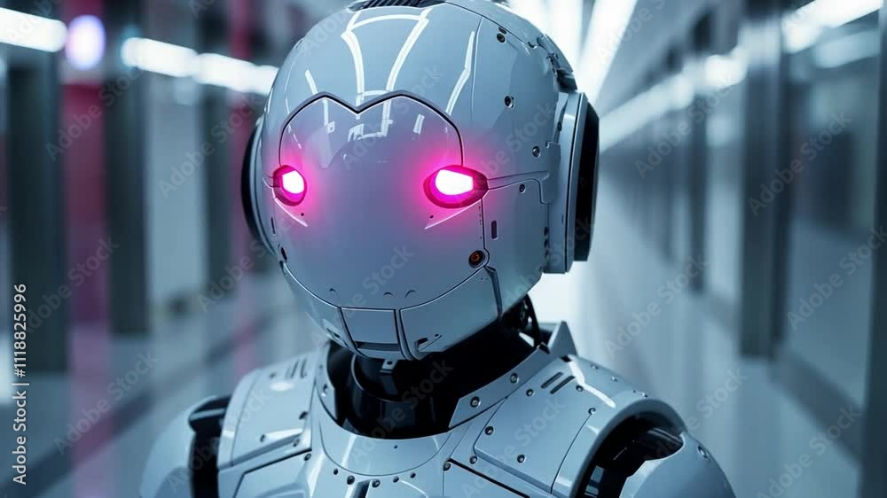 Poster a sophisticated robotic entity stands in a brightly lit, sleek corridor known for its cutting-edge d