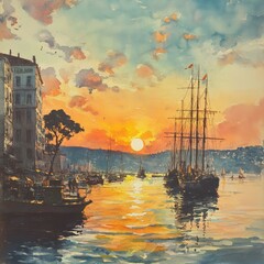 Naklejka premium Vibrant Sunset Over a City Harbor