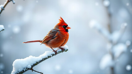 A Striking Red Cardinal Perched on a Snow-covered Branch During Winter