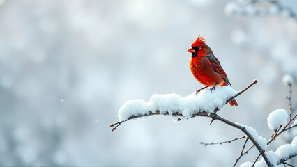 A Striking Red Cardinal Perched on a Snow-covered Branch During Winter