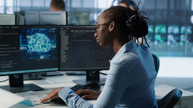 Woman leaving desk after finishing programming tasks in AI data center used for machine learning training. Engineer ending job shift after upgrading artificial intelligence tech, camera A close up
