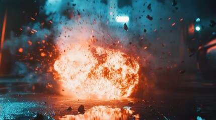 Striking Midnight Scene: Glowing Neon Lights, Sudden Explosion, and Professional Lighting Create a Dramatic Thumbnail Photo.