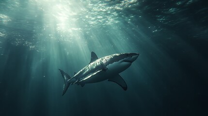 Fototapeta premium Majestic great white shark swimming in sunlit ocean depths. (1)