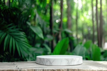 Fototapeta premium Marble Display on Rustic Wooden Surface in Lush Greenery by Generative Ai