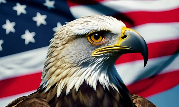 Majestic bald eagle portrait against a blurred American flag background.