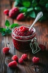 Homemade raspberry jam, served in a glass jar on a wooden table surrounded by fresh berries.