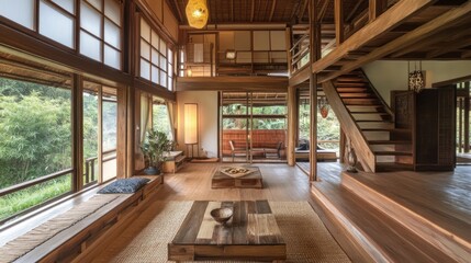 Fototapeta premium Modern Zen Interior Design with Wooden Beams and Natural Light