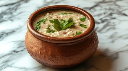 A wholesome creamy cilantro soup served in a traditional terracotta bowl.