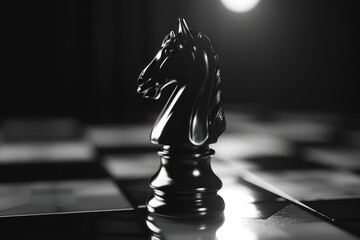 The focus of a chess piece on the board with dark background, symbolizing strategy and intellectual challenge.