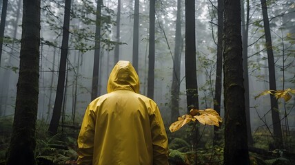 Naklejka premium A person in a yellow rain jacket walking outdoors in a moody autumn forest.