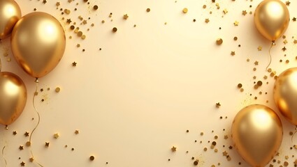 Fototapeta premium Golden Balloons & Confetti: A festive celebration backdrop with gold balloons and confetti scattered on a soft beige background. Perfect for birthday, anniversary, wedding, or any special event. 