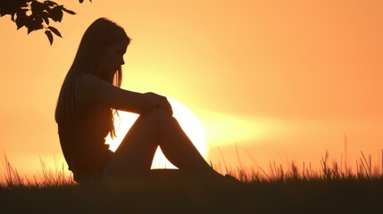 A young female athlete finds relief, resting postexercise in a serene park, silhouetted against the evening sky.