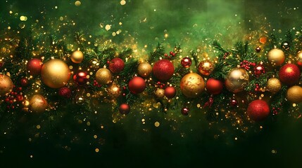 Square banner with gold and red Christmas symbols and text. Christmas tree, balls, golden tinsel confetti and snowflakes on green background. Header for website template