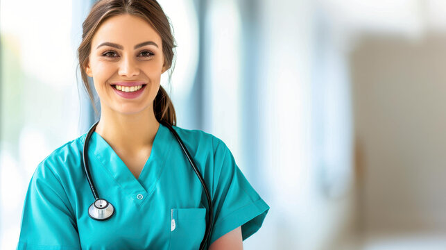 Smiling doctor holding a tablet and stethoscope, showcasing modern healthcare in a bright hospital setting.