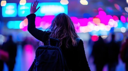 Waving goodbye in a colorful urban scene city street candid photography nighttime rear view