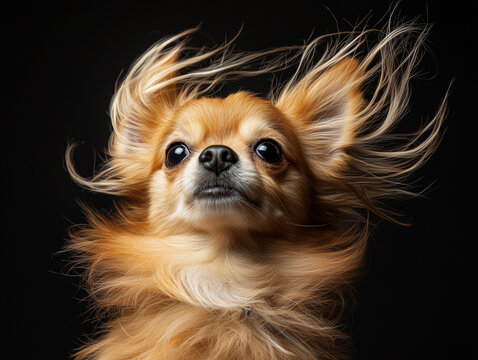portrait of dog with it's hair blowing in the wind, dramatic lighting
