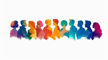 Dynamic silhouettes of men and women in vibrant hues create an engaging visual display of diversity and unity.