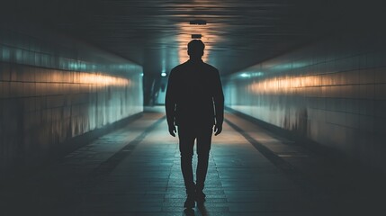 A man walks through a dark tunnel, silhouetted against a soft light.
