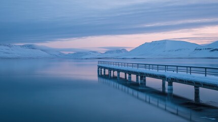 Obraz premium Winter Pier Snow Covered Mountains Peaceful Fjord