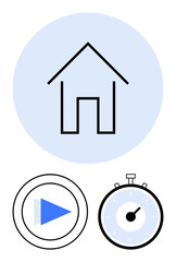 Home symbol with blue circle background play button icon and stopwatch. Ideal for app interfaces, navigation, media controls, time management, real estate, digital platforms, user experience. Line