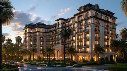 Naklejka premium Elegant Residential Building at Dusk Surrounded by Palm Trees