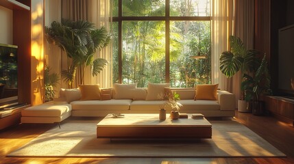 cozy modern living room with rich warm tones of deep amber, soft beige, and golden accents, contemporary furniture with plush fabrics