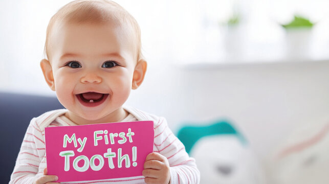 Adorable baby milestone celebration with "my first tooth" sign