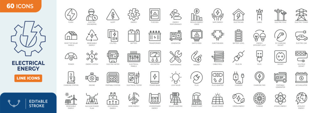 Electricity, electrical energy icon set. Contains icons Electric power line, light, light bulb and electrical equipment. Outline Icon Collection. Editable stroke. Vector illustration