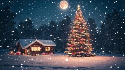 Naklejka premium christmas night in the village, Christmas tree, a house covered in snow and a full moon in the background