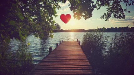 Romantic sunset over water dock with heart decoration nature scene relaxing atmosphere