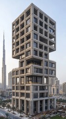 Naklejka premium Modern Architectural Building with Geometric Design and Cityscape View