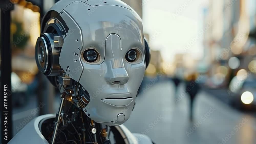 Poster a humanoid robot with an intricate design is observed on a bustling urban street.