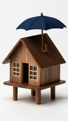 A small house model sits on a table with a bright red umbrella beside it, highlighting a playful and whimsical indoor setting