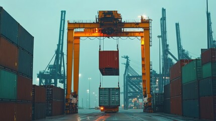 Container being lifted at shipping port front view Cargo handling efficiency
