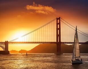 San Francisco Golden Gate Bridge at sunset.  Artistic rendering with sailboats