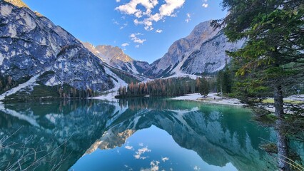 Reflection in Braies lake landscape mode