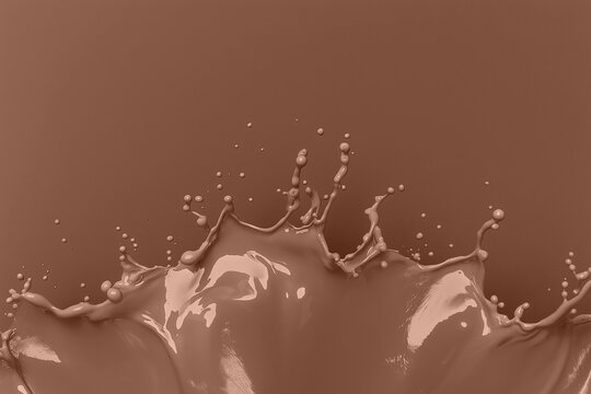 Dramatic splash of rich mocha mousse brown fluid on a smooth background. Modern trendy tone hue shade