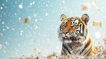 A stunning collage showcasing a tiger amidst a variety of objects, with a beautifully blurred background creating depth.