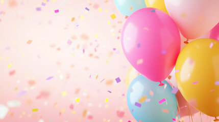 Bright balloons dance in the air amidst a shower of colorful confetti, creating a festive and joyful atmosphere.