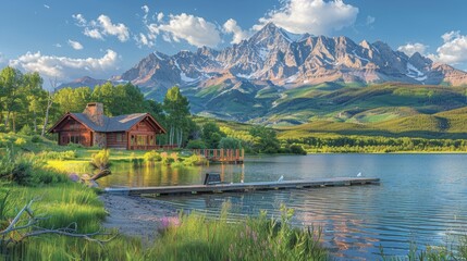 Fototapeta premium Mountain lake cabin, scenic view, summer.