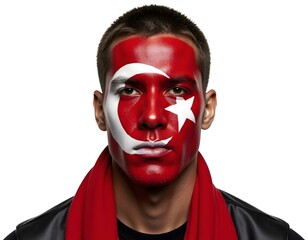 Handsome man supporter loyal fan of Turkey national team with painted flag face isolated on white. Fans emotions.
