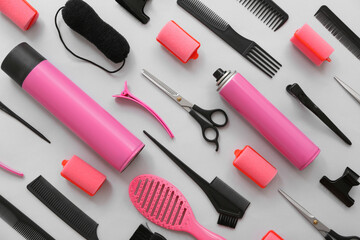 Set of hairdresser's accessories on white background