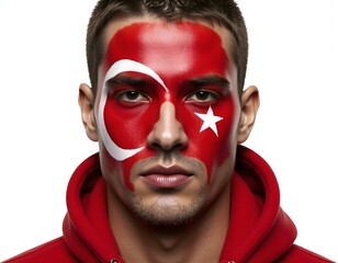 Handsome man supporter loyal fan of Turkey national team with painted flag face isolated on white. Fans emotions.