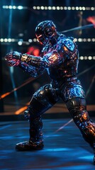 Robotic figure, futuristic armor, glowing, dynamic pose.