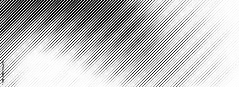 Poster Fading line halftone gradient texture. Black diagonal stripe gradation background. Thin to thick vanishing slanted pattern backdrop. Oblique parallel stroke wallpaper for overlay, print, cover. Vector
