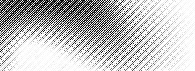 Fading line halftone gradient texture. Black diagonal stripe gradation background. Thin to thick vanishing slanted pattern backdrop. Oblique parallel stroke wallpaper for overlay, print, cover. Vector